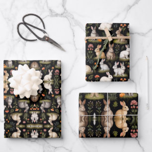 Farbenfrohe Kaninchen in Schwarz Geschenkpapier Set