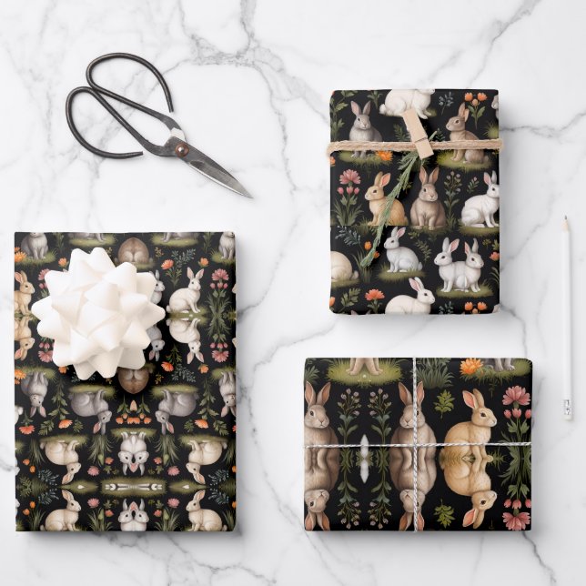 Farbenfrohe Kaninchen in Schwarz Geschenkpapier Set (Vorderseite)