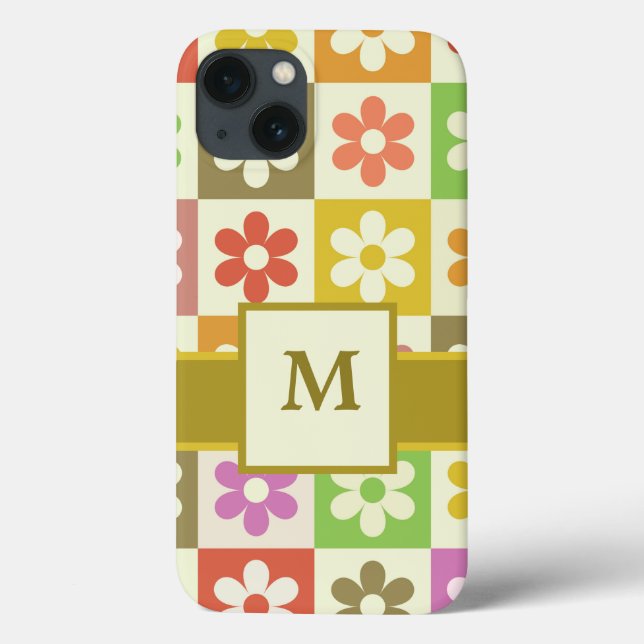 Farbenfrohe karierte Retro-Blumen monogrammiert  Case-Mate iPhone Hülle (Rückseite)