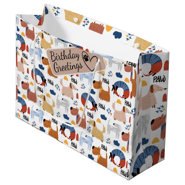 Farbenfrohe Karikatur Hundeschablone nahtloses Mus Große Geschenktüte (Vorderseite Schrägansicht)