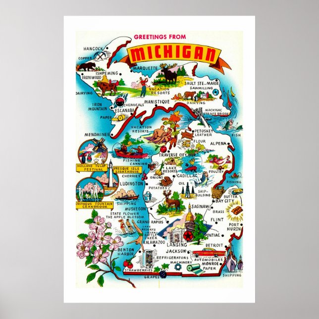 Farbenfrohe Karte Michigan Print Poster (Vorne)