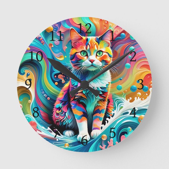 Farbenfrohe Katze 759 Wasserwelle Runde Wanduhr (Vorderseite)