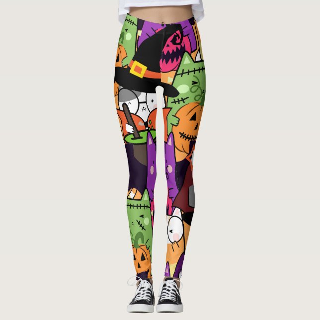 Farbenfrohe Katze in halloween Kostümmuster Leggings (Vorderseite)