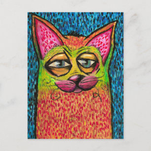 Farbenfrohe Katze in Ölpastel Helle Farben Happy C Postkarte