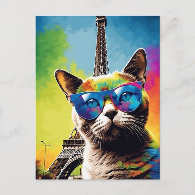 Farbenfrohe Katze in Paris Postkarte (Vorderseite)