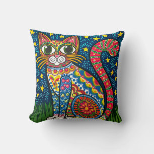 Farbenfrohe Katze in Starry Night - Mexikanische V Kissen