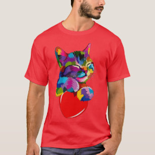 Farbenfrohe Katze umarmtes Herz T-Shirt