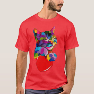 Farbenfrohe Katze umarmtes Herz T-Shirt