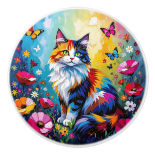 Farbenfrohe Katze und Blumen Keramikknauf