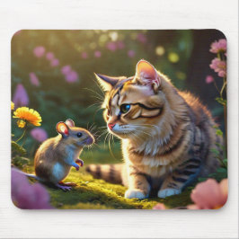 Farbenfrohe Katze und Maus mit Blume Maus Pad Mousepad