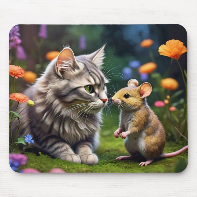 Farbenfrohe Katze und Maus mit Blume Maus Pad Mousepad (Vorne)