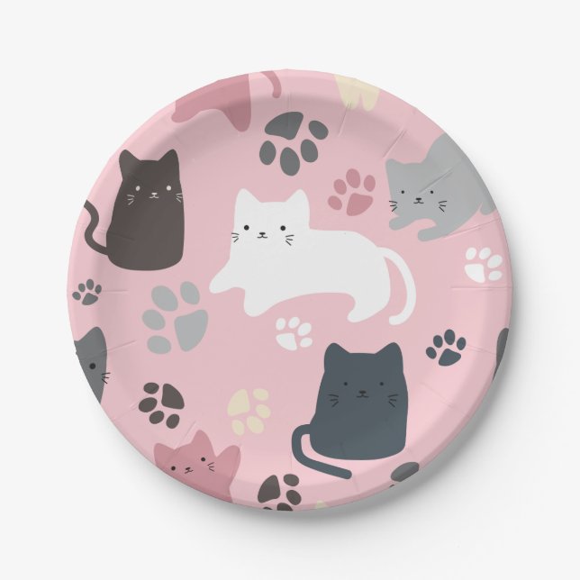Farbenfrohe Katzen Muster Pink Hintergrund Party Pappteller (Vorderseite)