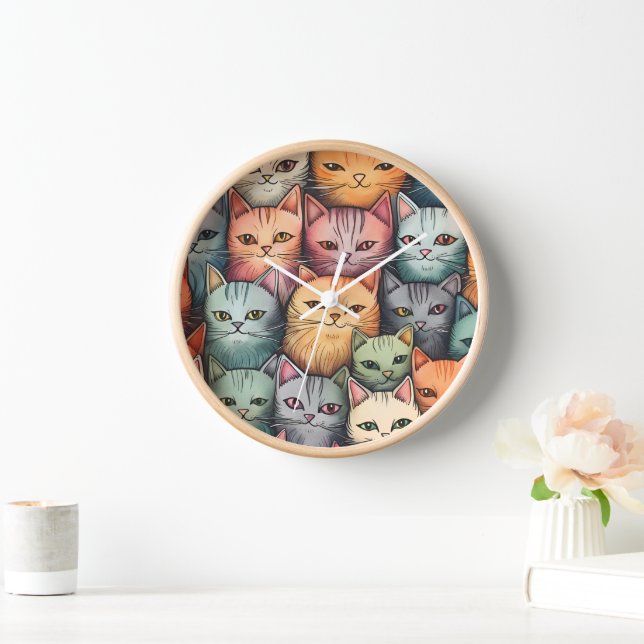 Farbenfrohe Katzen Whimsical Doodle Uhr (Zuhause)