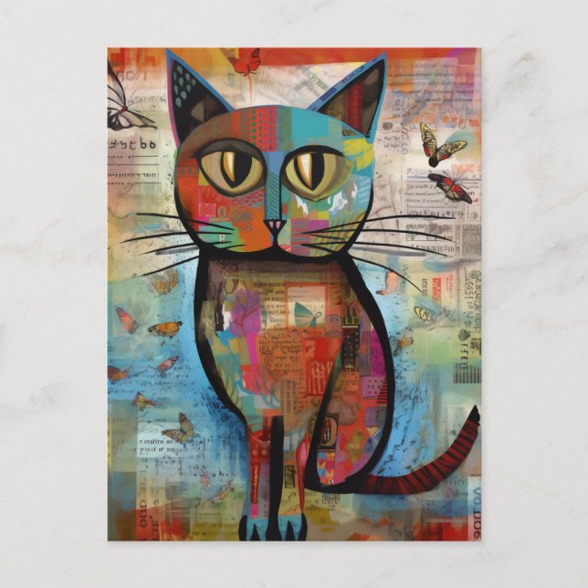 Farbenfrohe Katzenfliegen-Collage Postkarte (Vorderseite)