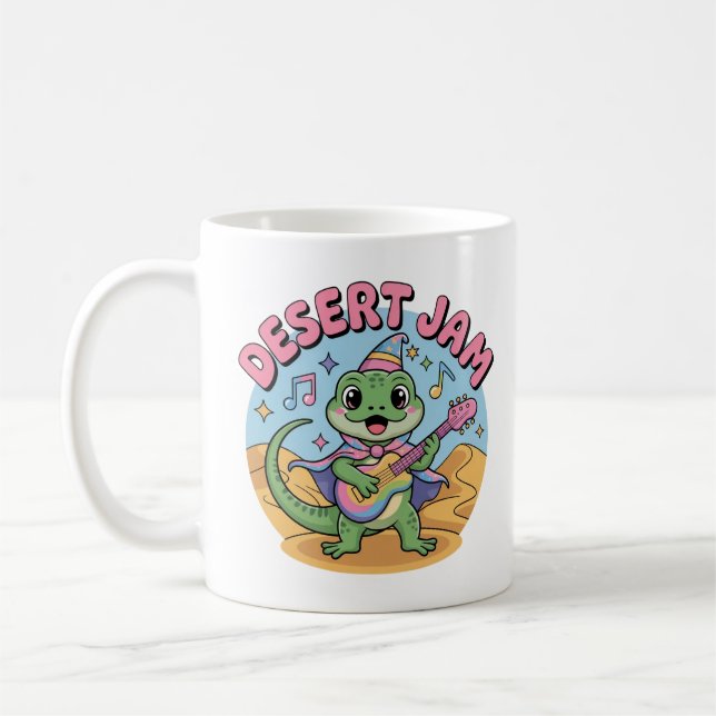 Farbenfrohe Kawaii Lizard spielt Keytar in der Wüs Kaffeetasse (Links)