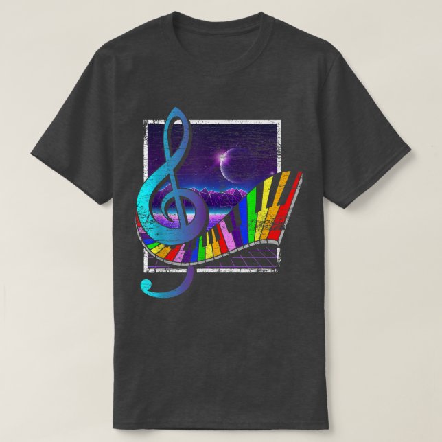 Farbenfrohe Keyboards Treble Clef 90er Synthwave V T-Shirt (Design vorne)