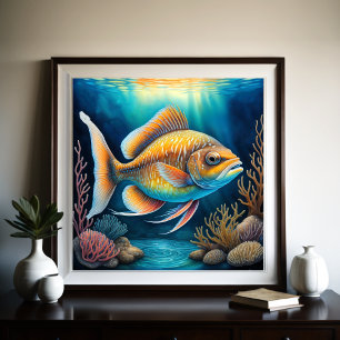 Farbenfrohe Khalde Zeichnend Fische Poster