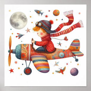 Farbenfrohe Kinder Art Kind fliegen Altes Flugzeug Poster
