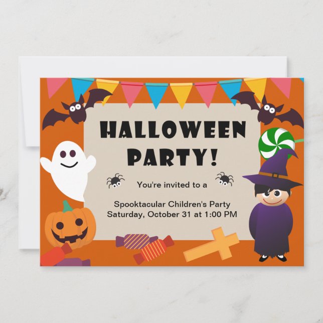 Farbenfrohe Kinder Kostüm Halloween-Party Einladun Einladung (Vorderseite)