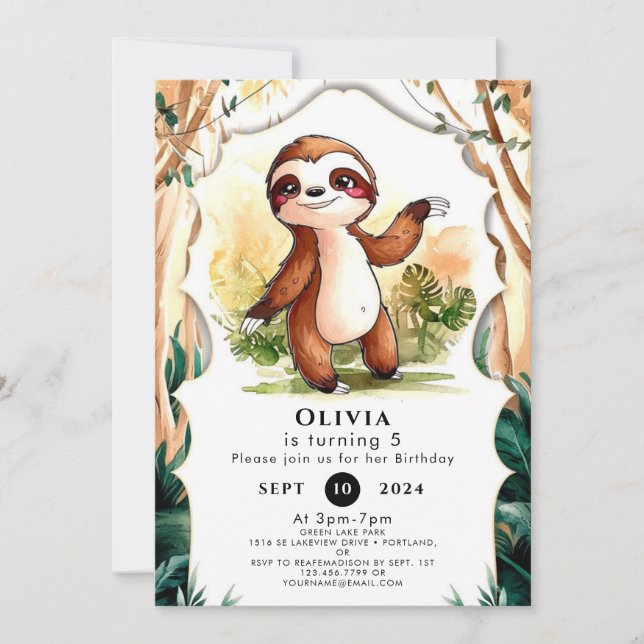 Farbenfrohe Kinder Sloth Birthday Einladung (Vorderseite)