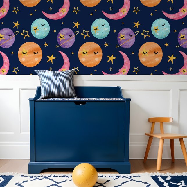Farbenfrohe Kinder Weltraumplaneten Star & Moon Tapete (Colorful Kids Watercolor Space Planets Star & Moon Wallpaper)