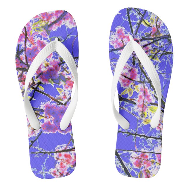 Farbenfrohe Kirschblüte blau rosa Blumendesign Flip Flops (Fußbett)