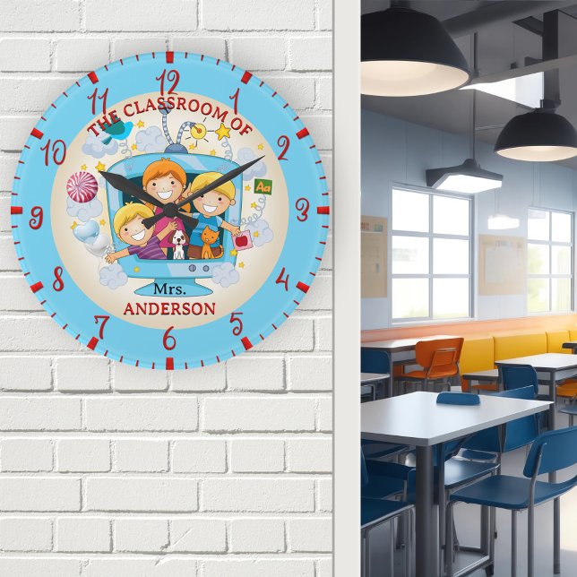 Farbenfrohe Klassenlehrerin Runde Wanduhr (Wall clock featuring an illustration of happy children going to school - nice for a teacher)