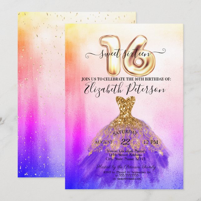 Farbenfrohe Kleidung Confetti Ombre Sweet 16 Einladung (Vorne/Hinten)