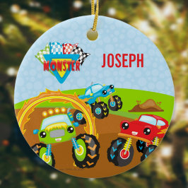 Farbenfrohe kleine junge Monster Trucks Name Weihn Keramik Ornament