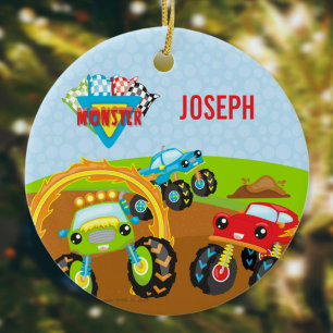 Farbenfrohe kleine junge Monster Trucks Name Weihn Keramik Ornament