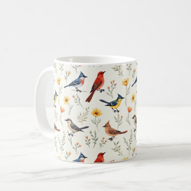 Farbenfrohe kleine Vögel Kaffeetasse (Vorderseite Links)