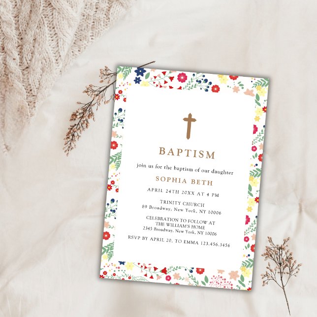 Farbenfrohe kleine Wildblume Frame Cross Taufe Einladung (Colorful Little Wildflower Frame Cross Baptism Invitation)