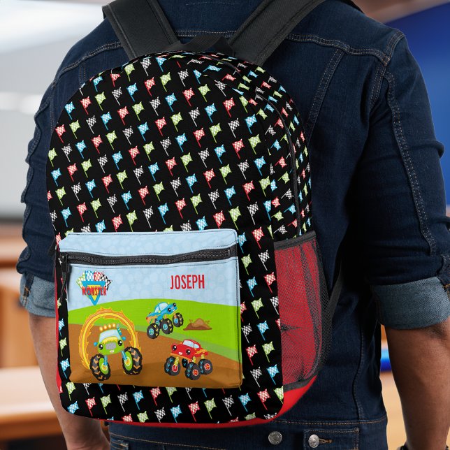 Farbenfrohe Kleinkinder-Monster-LKW mit Vorname Bedruckter Rucksack (Von Creator hochgeladen)