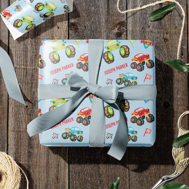 Farbenfrohe Kleinkinder-Monster-LKW mit Vorname Geschenkpapier (Von Creator hochgeladen)