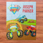 Farbenfrohe Kleinkinder-Monster-LKW mit Vorname Puzzle<br><div class="desc">Mit diesem niedlichen Puzzle mit drei farbenfrohen Monster-LKWs können Sie Ihrem kleinen Jungen ein wenig Spaß machen. Es gibt einen grünen Monster-LKW, der durch einen Ring des Feuers fährt, einen roten Monster-LKW, der zusieht, und einen blauen Monster-LKW, der über einen schmutzigen Haufen springt. Es gibt auch karierte Racing-Fahnen in der...</div>