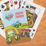 Farbenfrohe Kleinkinder-Monster-LKW mit Vorname Spielkarten<br><div class="desc">Fügen Sie dem Schlafzimmer Ihres kleinen Jungen ein wenig Spaß hinzu mit diesem niedlichen Set von Spielkarten, das drei bunte Monster-LKWs hat. Es gibt einen grünen Monster-LKW, der durch einen Ring des Feuers fährt, einen roten Monster-LKW, der zusieht, und einen blauen Monster-LKW, der über einen schmutzigen Haufen springt. Es gibt...</div>