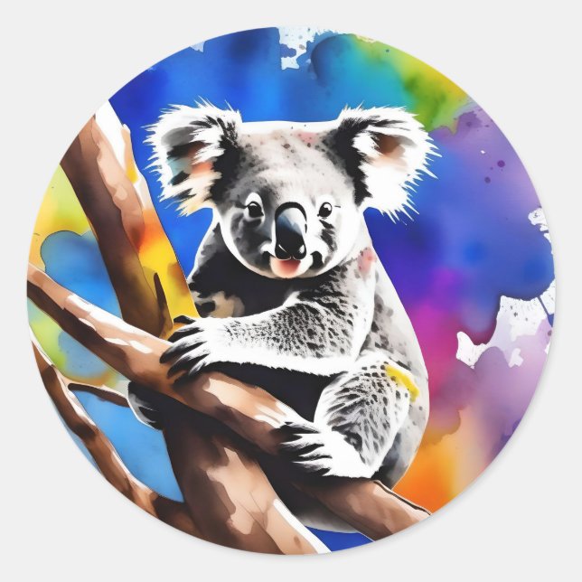 Farbenfrohe Koala Bear Watercolor Splash, Runder Aufkleber (Vorderseite)