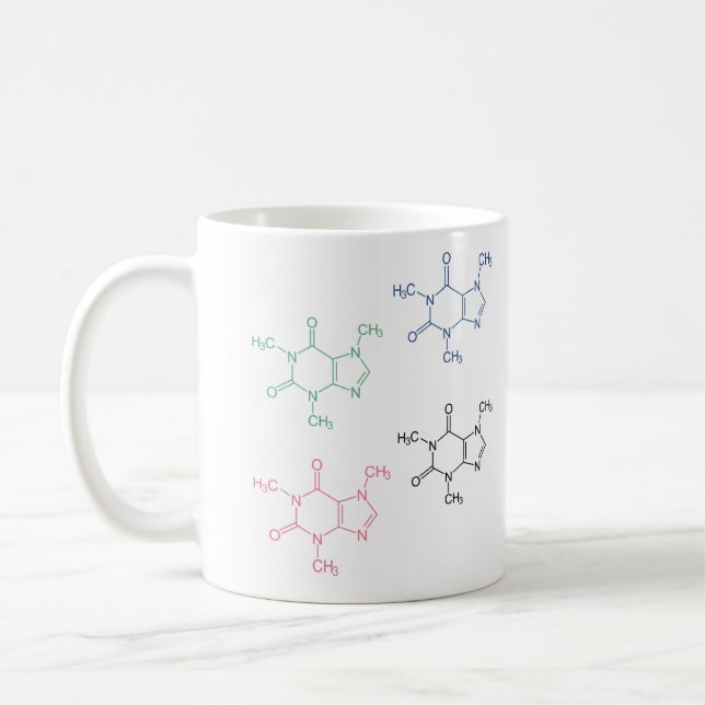 Farbenfrohe Koffeinmolekülemuster Kaffeetasse (Links)