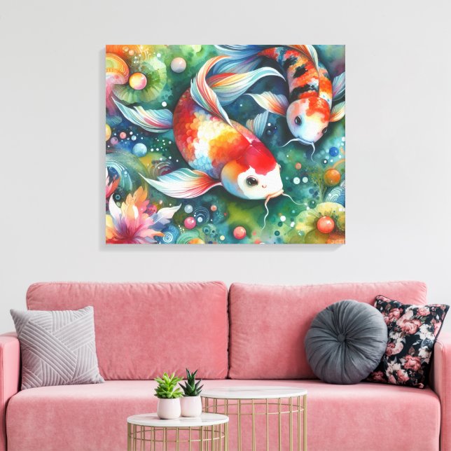 Farbenfrohe Koi Fisch Whimsisches Wasser Orange Aq Leinwanddruck (Insitu (Wohnzimmer))