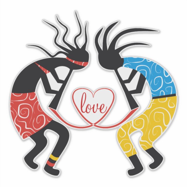 Farbenfrohe Kokopelli Figuren Liebe Herz Aufkleber (Vorderseite)