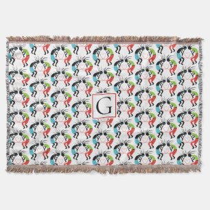 Farbenfrohe Kokopelli-Herzmuster und Monogramm Decke