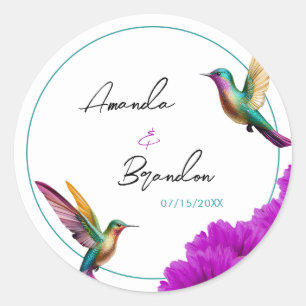 Farbenfrohe Kolibris lila Gänseblümchen Hochzeit Runder Aufkleber