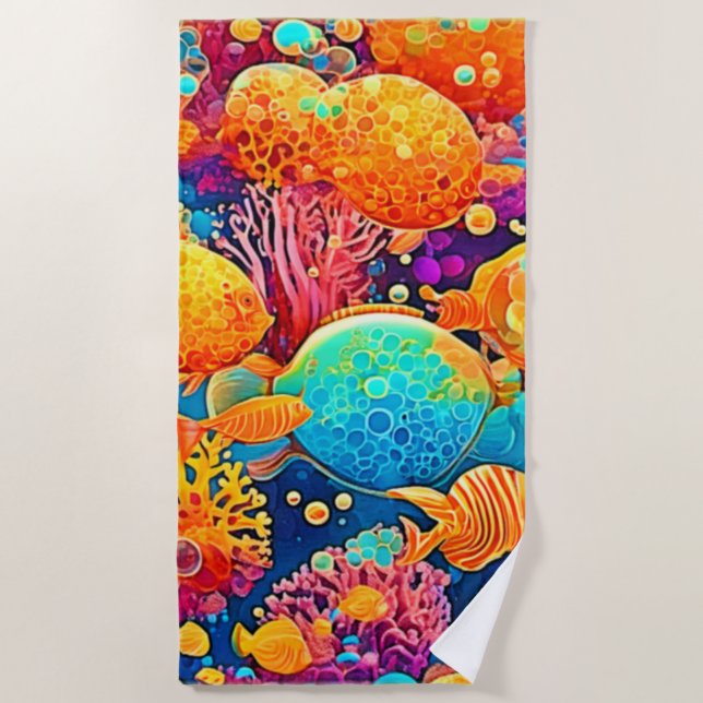 Farbenfrohe Korallenriff Artwork Strandtuch (Vorderseite)