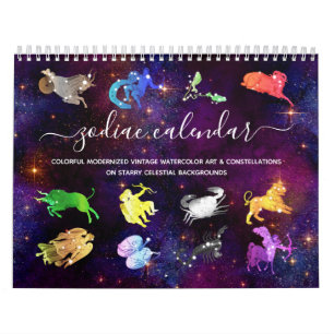 Farbenfrohe kosmische Wasserfarbe Zodiac Zeichen K Kalender