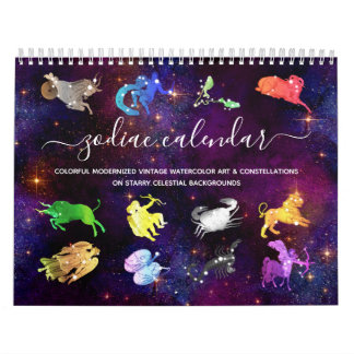 Farbenfrohe kosmische Wasserfarbe Zodiac Zeichen K Kalender