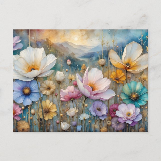 Farbenfrohe Kosmos Blume Blätter und Himmel Postkarte (Vorderseite)