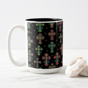 Farbenfrohe Kreuze / Glaube, aber mit Stil Zweifarbige Tasse