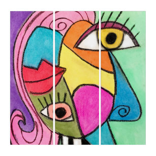 Farbenfrohe Kubismus Abstraktes Gesicht Quirky Aug Triptychon