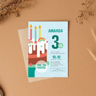 Farbenfrohe Kuchen & Regenbogen Kinder 3. Geburtst Einladung