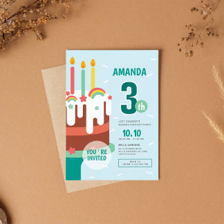 Farbenfrohe Kuchen & Regenbogen Kinder 3. Geburtst Einladung